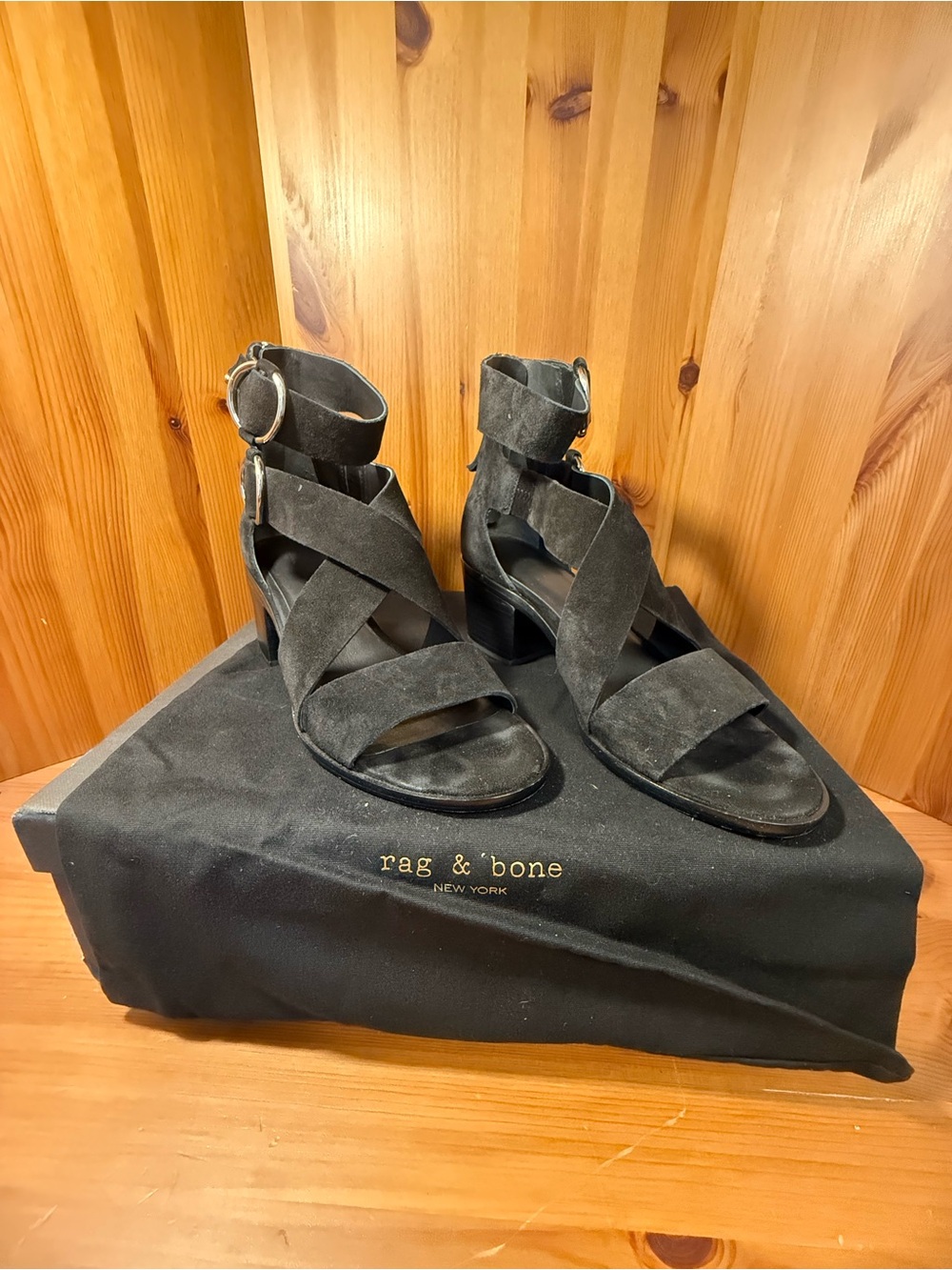 Rag & Bone Mari Black Suede Block Heel Sandals Size 9 EU 39 Ankle Strap